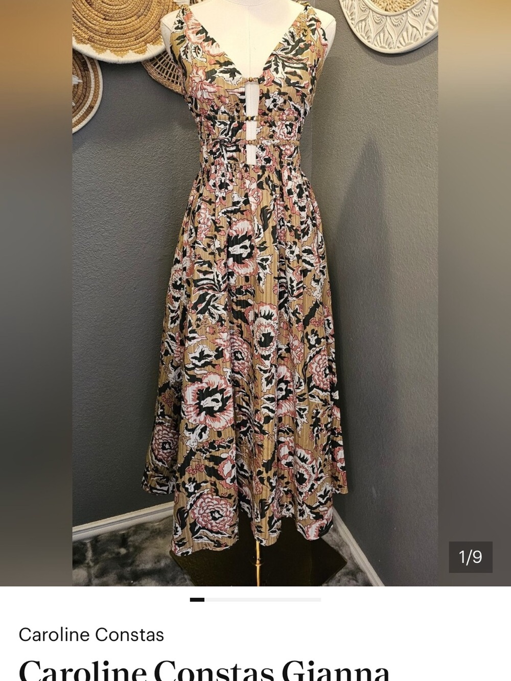 Caroline Constas green pink floral pocket cotton Anthro dress size S - Picture 5 of 8